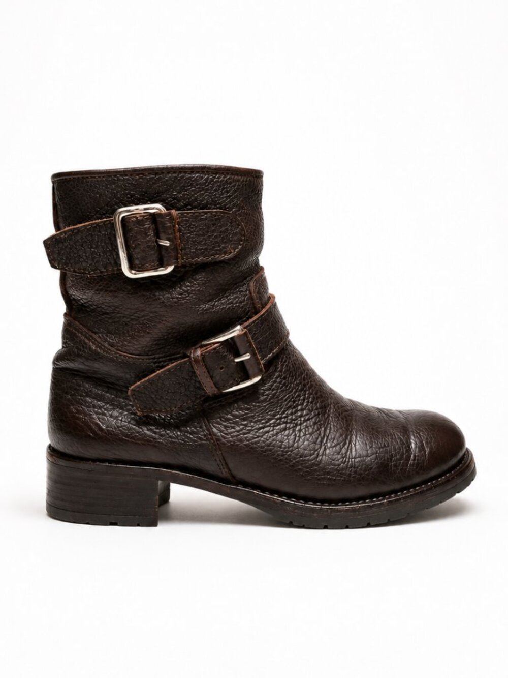 Gravati Italian Pebbled Leather Moto Boots Buckle Ankle Bootie